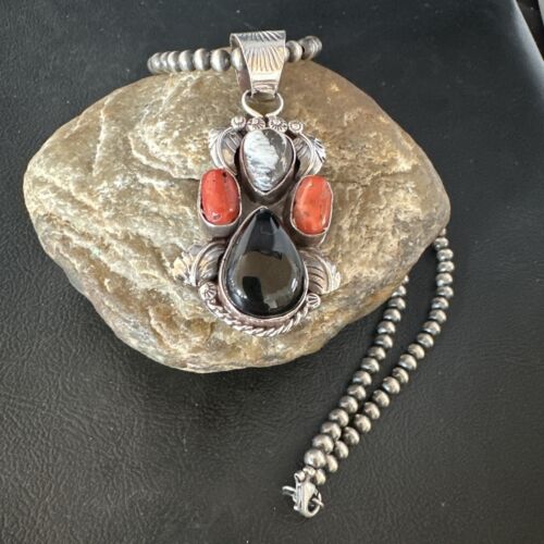 Navajo White Buffalo Coral Onyx Pearls Cluster Pendant | Sterling Silver | Native American Handmade | 15371