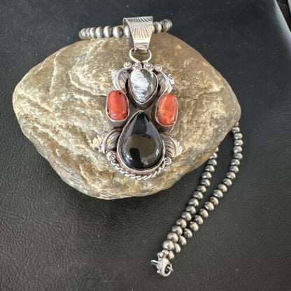 Navajo White Buffalo Coral Onyx Pearls Cluster Pendant | Sterling Silver | Native American Handmade | 15371