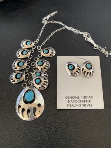 Navajo Blue Turquoise Bear Paw Shadow Box Necklace & Earring Set | Sterling Silver | Authentic Native American Handmade | 17466