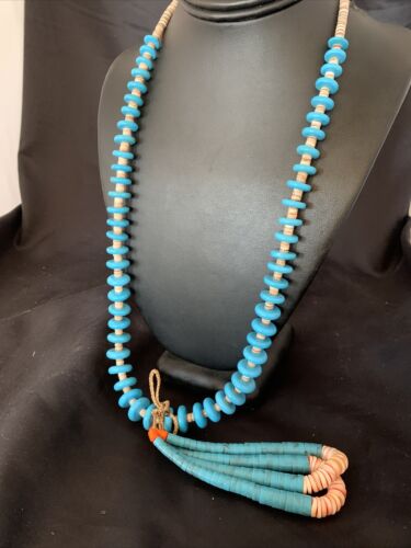 Santo Domingo Spiny Oyster Blue Turquoise Shell Jacla Necklace | 26" | Authentic Native American Handmade | 12514