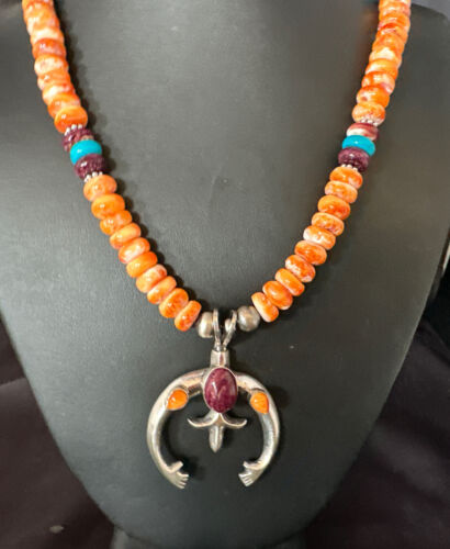 Navajo Orange Purple Spiny Oyster Naja Pendant Necklace | Sterling Silver | Authentic Native American Handmade | 15261