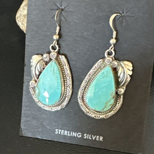Navajo Blue Kingman Turquoise Dangle Earrings | Sterling Silver | Authentic Native American Handmade | 17373