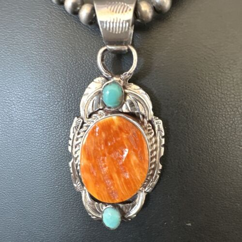 Navajo Spiny Oyster | Blue Turquoise Pendant Necklace | Sterling Silver | Native American Handmade | 16458