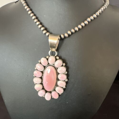 Navajo Pearls Pink Conch Necklace with Multi-Stone Cluster Pendant | Authentic Native American Handmade | 16062