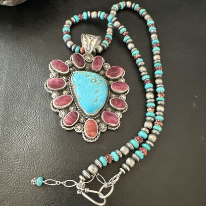 Navajo XL Turquoise Purple Spiny Cluster Pendant Necklace | Sterling Silver | Native American Handmade | 17427