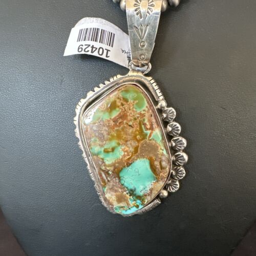 Men's Navajo Blue Green Royston Turquoise Pendant Necklace | Sterling Silver | Native American Handmade | 10429