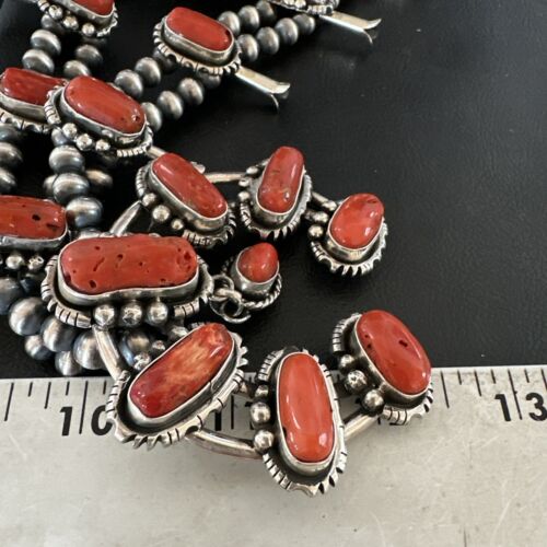 Navajo Red Coral Naja Pendant | Sterling Silver Squash Blossom Necklace & Earrings | 17047