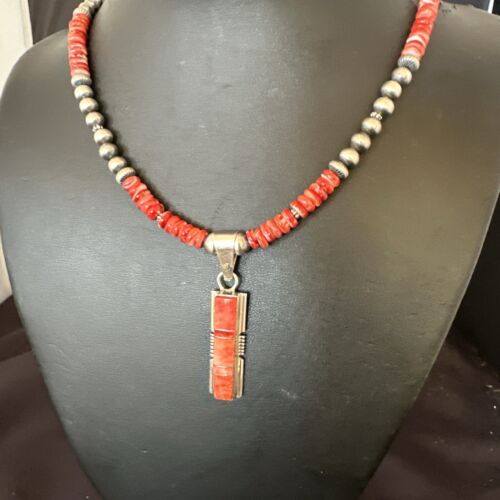 Navajo Red Spiny Oyster Pendant Necklace | Sterling Silver Inlay | Authentic Native American Handmade | 16884