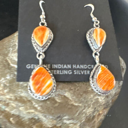 Navajo Orange Spiny Oyster Dangle Earrings | Sterling Silver | 1.5" | Authentic Native American Handmade | 16564