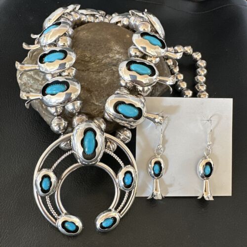 Navajo Turquoise Shadowbox Squash Blossom Necklace & Earrings | Sterling Silver | 16542