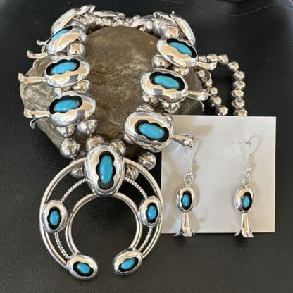 Navajo Turquoise Shadowbox Squash Blossom Necklace & Earrings | Sterling Silver | 16542