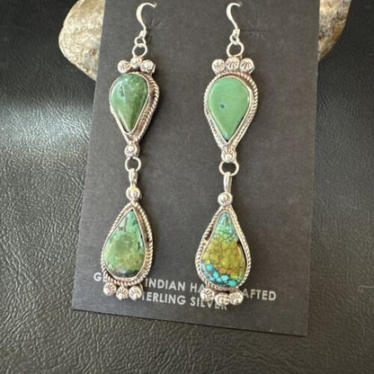 Navajo Green Royston Turquoise Dangle Earrings | Sterling Silver | Authentic Native American Handmade | 17141