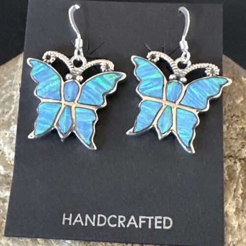 Butterfly Blue Opal Inlay Dangle Earrings | Sterling Silver | Authentic Native American Handmade | 16526