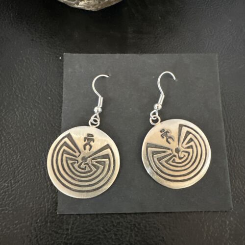 Hopi Man in the Maze Dangle Earrings | Sterling Silver | Authentic Native American Handmade | 16842