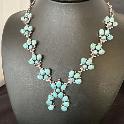 Navajo Blue Kingman Turquoise Squash Blossom Necklace | Sterling Silver | 16828