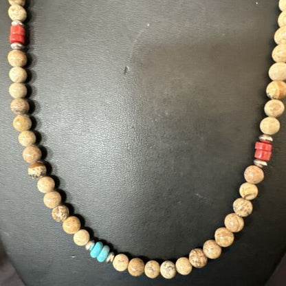 Navajo Turquoise Coral Picture Jasper Necklace | Sterling Silver | 20" | Authentic Native American Handmade | 17608