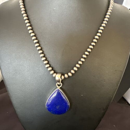 Navajo Blue Lapis Pendant with Pearls | Sterling Silver Necklace | 20" | Authentic Native American Handmade | 16670