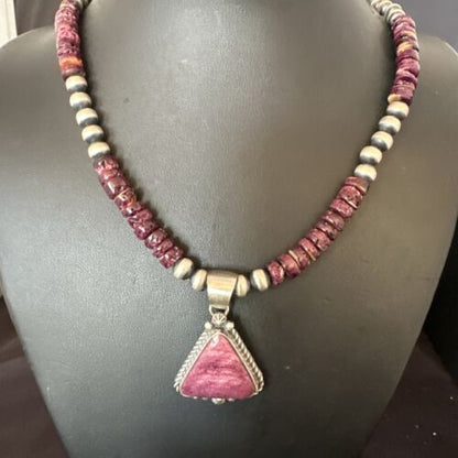 Navajo Purple Spiny Oyster Pendant Necklace | Sterling Silver | Native American Handmade | 16057