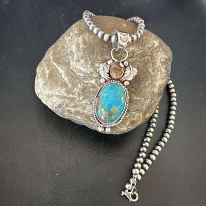 Navajo Blue Kingman Turquoise Wild Horse Necklace Pendant | Sterling Silver | Authentic Native American Handmade | 17225
