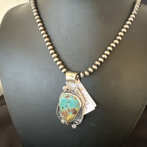 Navajo Blue Turquoise Pendant Necklace | Sterling Silver Pearls | Authentic Native American Handmade | 15653 - Masha USA