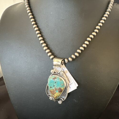 Navajo Blue Turquoise Pendant Necklace | Sterling Silver Pearls | Authentic Native American Handmade | 15653 - Masha USA