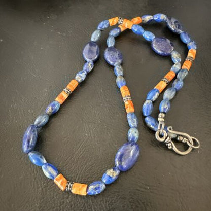Men's Lapis & Orange Spiny Oyster Navajo Pearls Sterling Silver Necklace 18" | Handmade 17501
