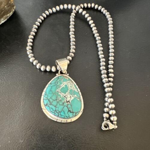 Men's Navajo Blue Spiderweb Turquoise Pendant Necklace | Sterling Silver | Authentic Native American Handmade | 16203