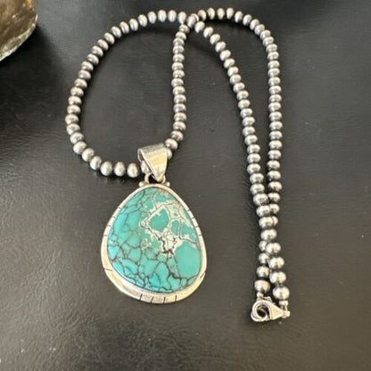 Men's Navajo Blue Spiderweb Turquoise Pendant Necklace | Sterling Silver | Authentic Native American Handmade | 16203