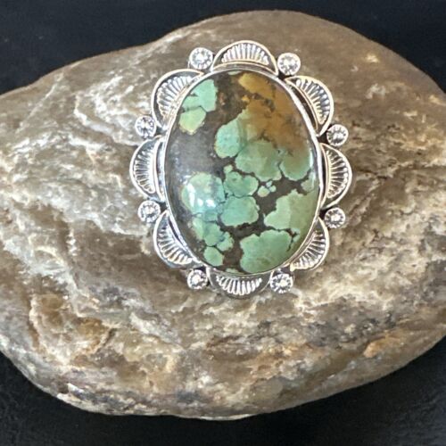 Navajo Green Spiderweb Turquoise Ring | Sterling Silver | Sz 10.5 | Authentic Native American Handmade | 15503