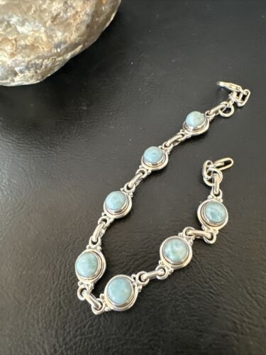 Navajo Blue Larimar Link Bracelet | Sterling Silver | 8" | Authentic Native American Handmade | 16084