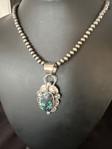 Navajo Blue Spiderweb Turquoise Pendant Necklace | Sterling Silver | Native American Handmade | 15096