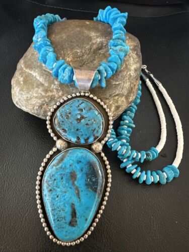 Navajo Blue Kingman Turquoise Pendant Necklace | Sterling Silver | 32" | Authentic Native American Handmade | 16068