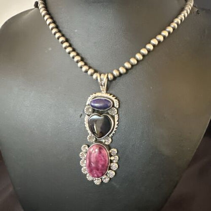Navajo Black Onyx Purple Spiny 3-Stone Cluster Pendant | Sterling Silver | Authentic Native American Handmade | 17635
