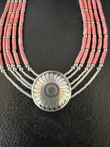 Navajo Concha Pink Conch Heishi 5-Strand Liquid Sterling Silver Necklace 20" | Southwestern Jewelry 15873