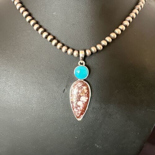 Navajo Wild Horse Blue Kingman Turquoise Necklace | Sterling Silver | SW Pendant | 17319