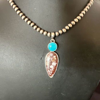 Navajo Wild Horse Blue Kingman Turquoise Necklace | Sterling Silver | SW Pendant | 17319