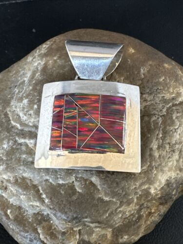 Men's Women's Red Opal Inlay Pendant | Navajo Sterling Silver | Authentic Native American Handmade | 15182