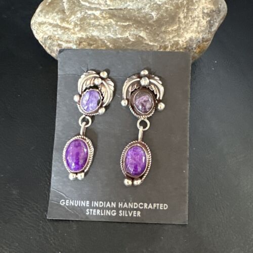 Navajo Purple Sugilite Charoite Dangle Earrings | Sterling Silver | 2" | Authentic Native American Handmade | 15258