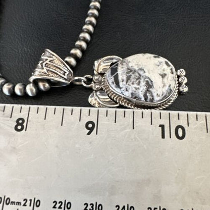 Navajo White Buffalo Turquoise Pendant Necklace | Sterling Silver | Authentic Native American Handmade | 17524