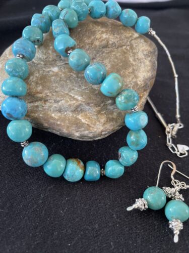 Navajo Blue Turquoise Earrings & Necklace Set | Sterling Silver | 20" | Authentic Native American Handmade | 01234