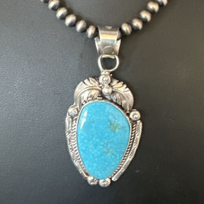 Navajo Kingman Turquoise Pendant Necklace | Sterling Silver Pearls | Authentic Native American Handmade | 15210
