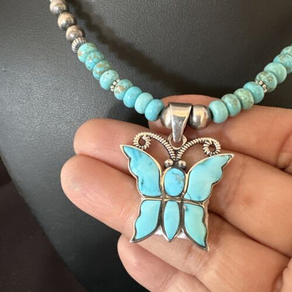 Navajo Butterfly Blue Ridge Turquoise Inlay Pendant | Sterling Silver Necklace | Authentic Native American Handmade | 17059
