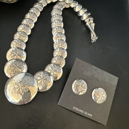 Navajo Pearls Sterling Silver Graduated Pillow Bead Necklace & Earrings Set | Authentic Native American Handmade | 15634