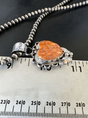 Navajo Orange Spiny Oyster Heart Pendant Necklace | Sterling Silver | Authentic Native American Handmade | 16419