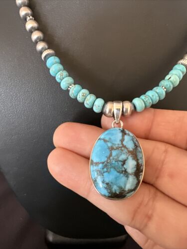 Navajo Blue Spiderweb Turquoise Pendant Necklace | Sterling Silver | Authentic Native American Handmade | 16649