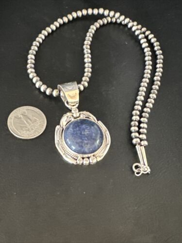 Men's Denim Lapis Lazuli Pendant Necklace | Navajo Beads | Sterling Silver | Authentic Native American Handmade | 14884
