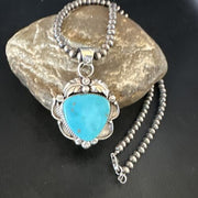 Navajo Kingman Turquoise Pendant Necklace | Sterling Silver Pearls | Authentic Native American Handmade | 15215