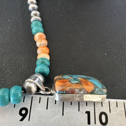Navajo Spiny Turquoise Pendant Necklace | Sterling Silver | 22" | Authentic Native American Handmade | 17430
