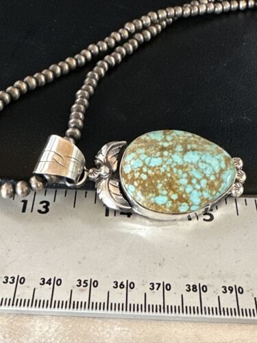 Navajo Pearls Sterling Silver Necklace Pendant | Blue Turquoise #8 | Authentic Native American Handmade | 14856