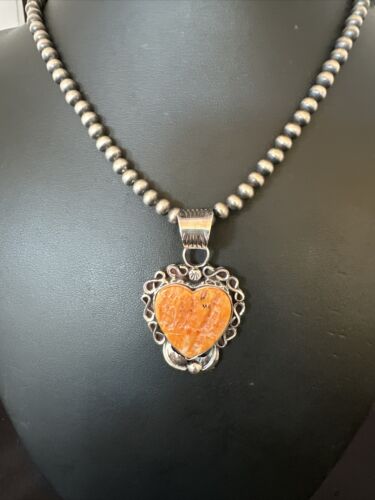 Navajo Orange Spiny Oyster Heart Pendant Necklace | Sterling Silver | Authentic Native American Handmade | 16417
